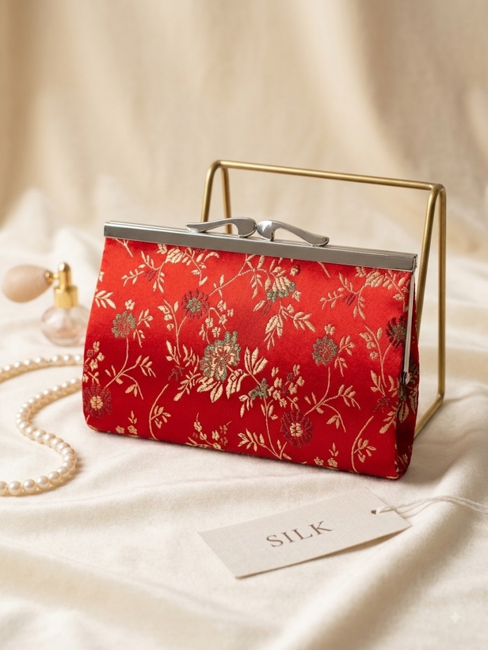 Silk Red Floral Kiss-Lock Clutch Bag